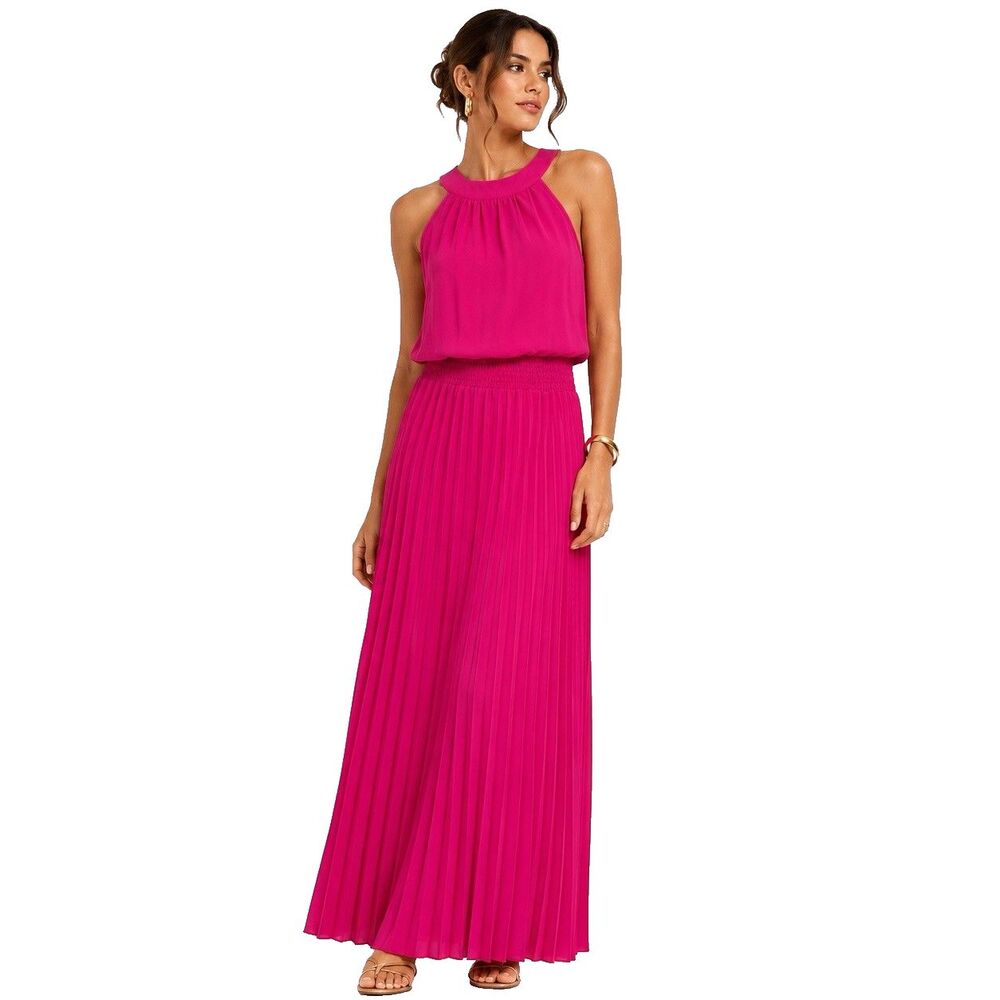 Pretty Garden Halter Maxi Dress Women Size XL Fuchsia Pink Pleated Smocked Waist